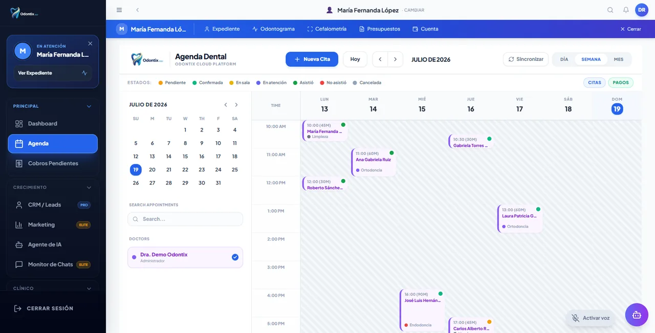 Agenda de Odontix con las citas confirmadas