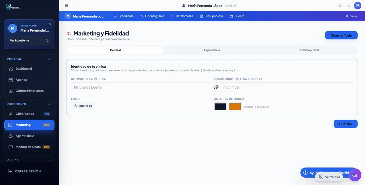 Tablero de marketing de Odontix: ROI, CPL y conversión por origen