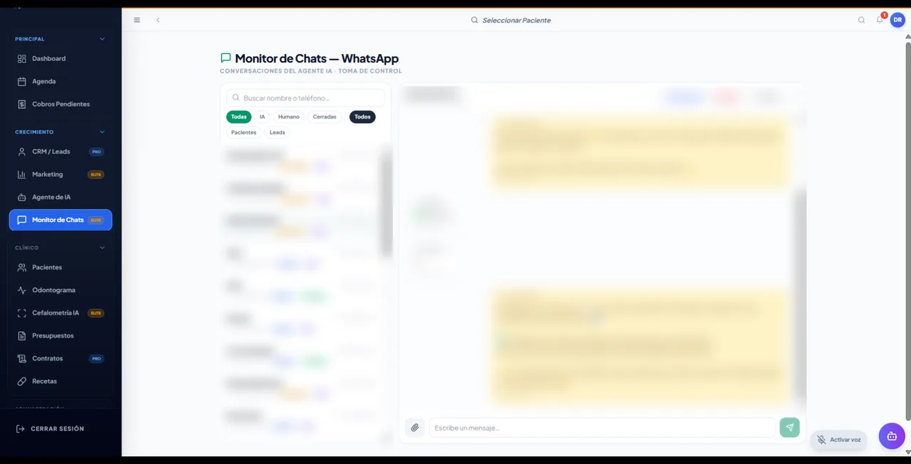 Monitor de Chats de Odontix con las conversaciones que atendió la IA