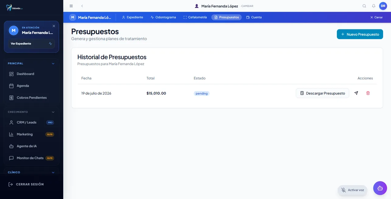 Buzón de cobros pendientes en Odontix